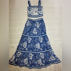 Blue & White Floral Cotton Two-Piece Set | Crop Top & Maxi Skirt | XS